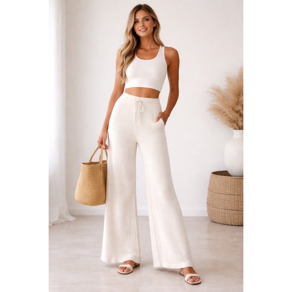 SKIMS Cozy Knit Pant Bone Off-White Wide Leg Lounge Pants‎ L/XL High Waisted
